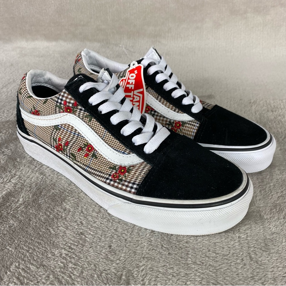 Vans Old Skool Floral Plaid Sneaker Shoes Womens Size 8.5 Brown Red Stitch NEW